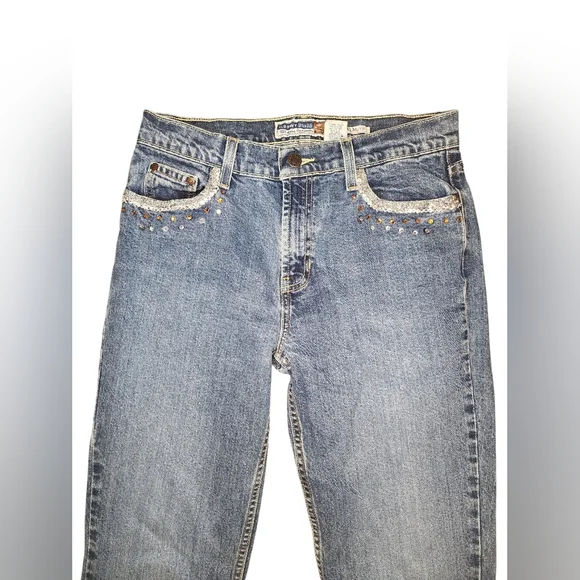 ​VTG Old Navy Y2K Lace Flare Jeans Bedazzled Idaho Star Size 8 Long Custom - Picture 2 of 12
